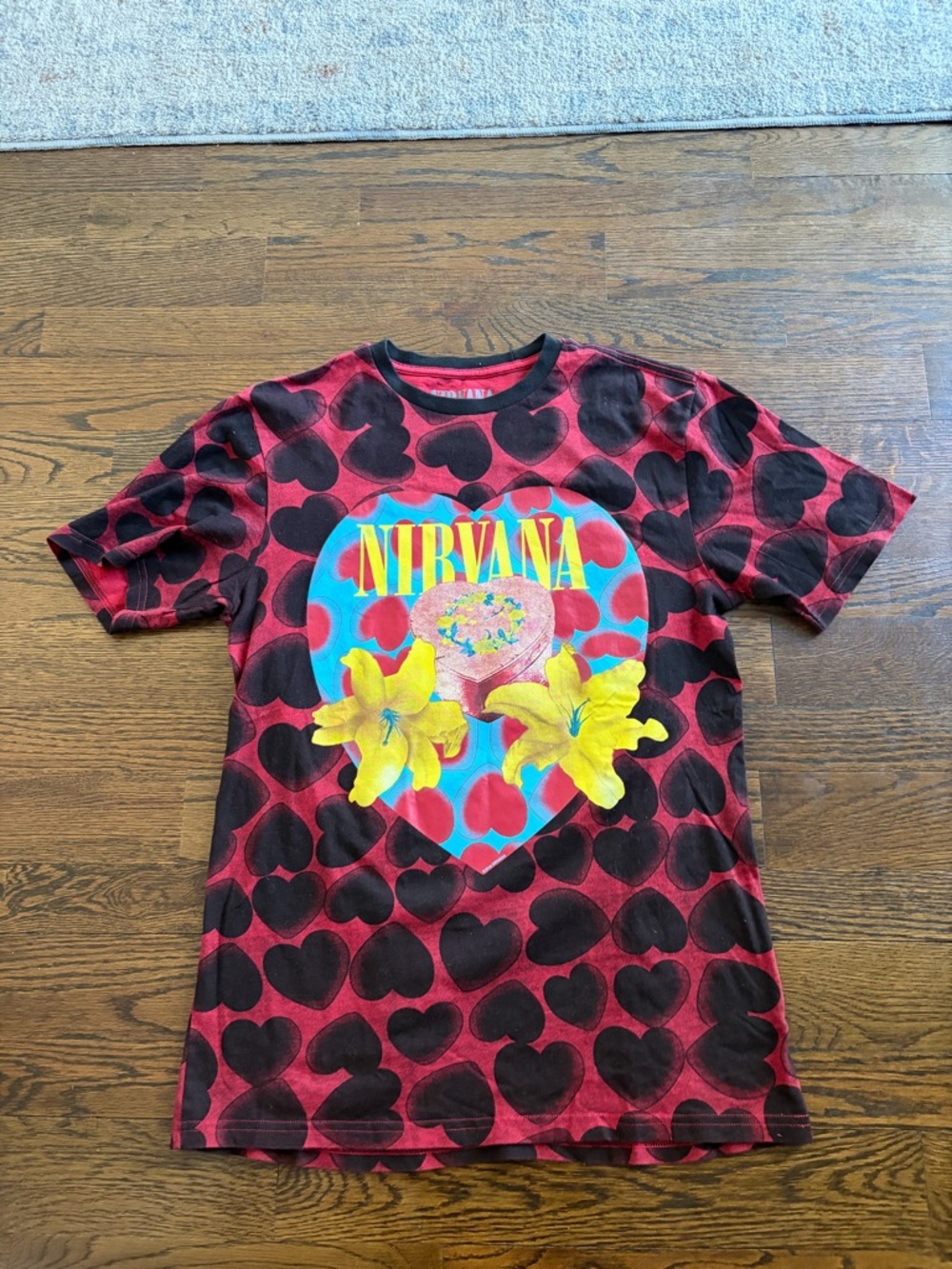 NIRVANA Red & Black Heart Pattern Graphic Tee with Yellow Floral Motif